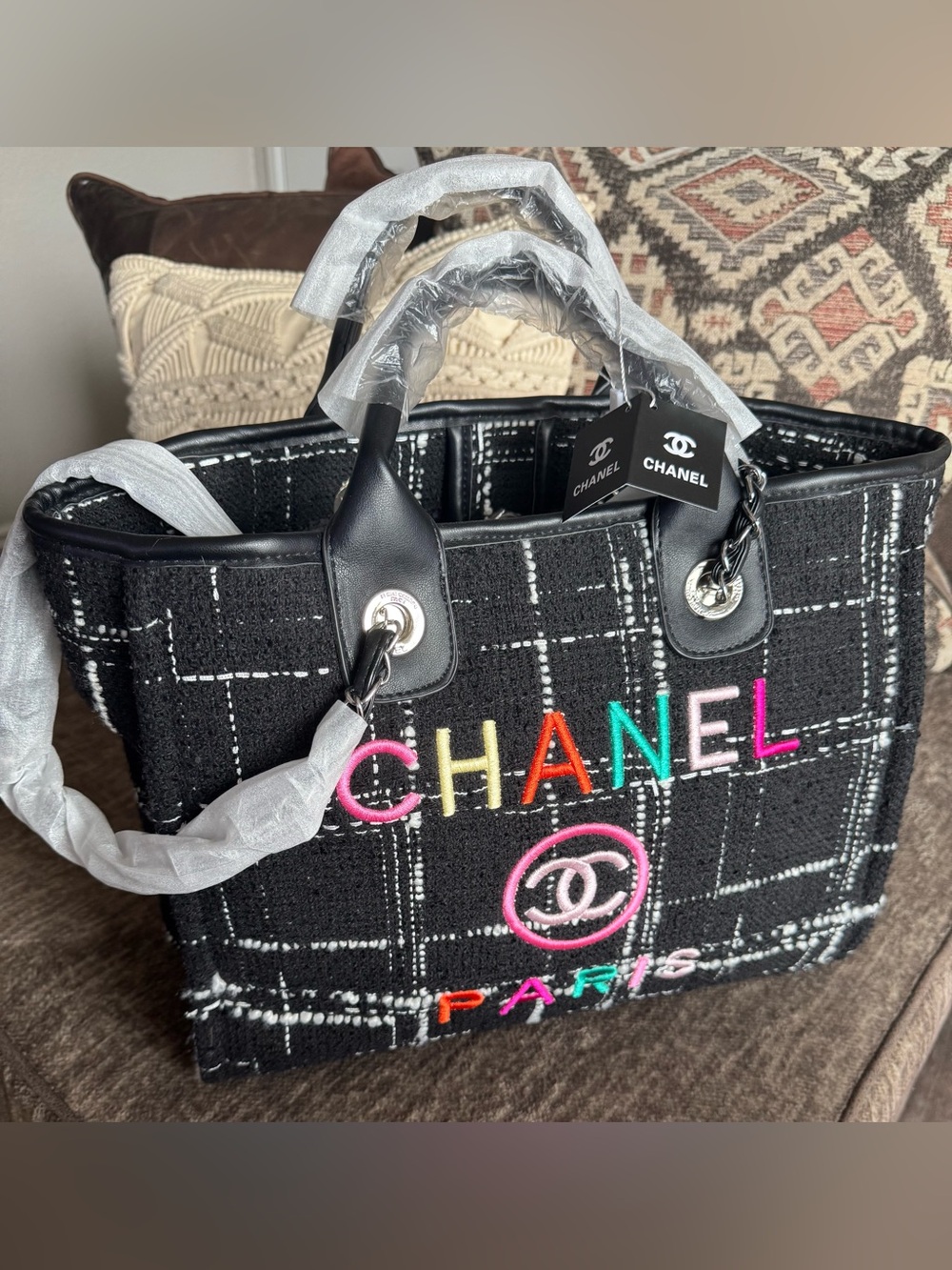 BNWT‼️FASHION MULTI COLOR XL TWEED TOTE‼️💜💚🩷💛